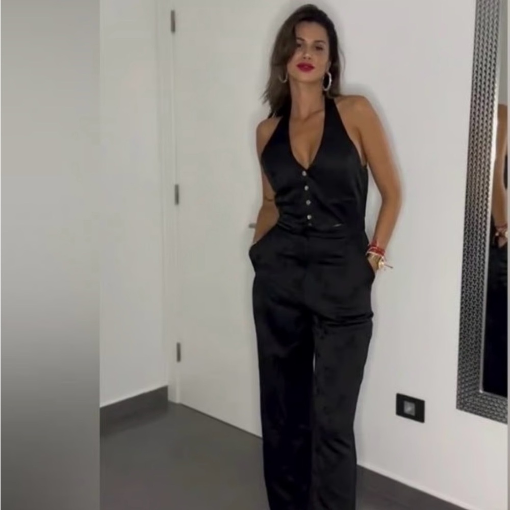 Zara Jacquard Black Halter Jumpsuit